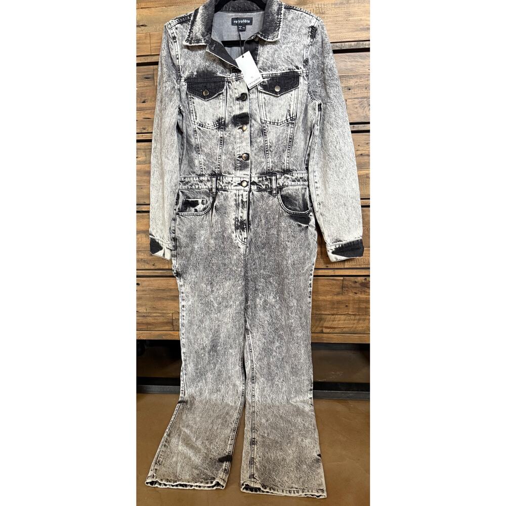 Retrofete Jumpsuit Women's XL Gray Acid Wash Denim Long Sleeve Utility NWT